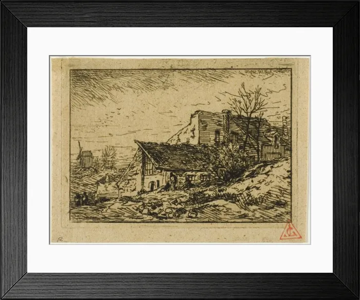 Framed Print : Landscape with Peasant Dwellings and Mill, 1846. Creator: Charles Emile Jacque Framed Print : Landscape with Peasant Dwellings and Mill, 1846. Creator: Charles Emile Jacque