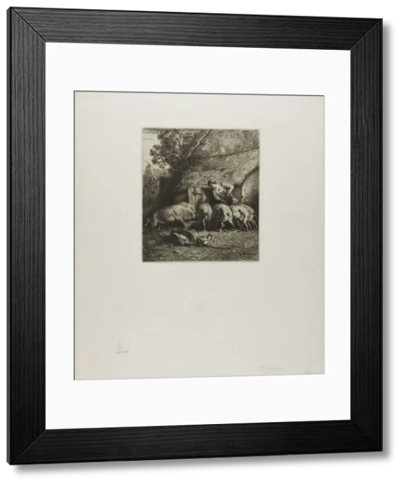 Framed Print : Woman Feeding Six Pigs, 1850. Creator: Charles Emile Jacque Framed Print : Woman Feeding Six Pigs, 1850. Creator: Charles Emile Jacque