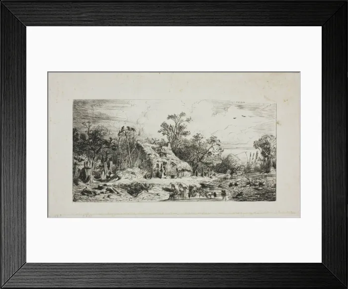 Framed Print : Landscape with Thatched Cottages, 1844. Creator: Charles Emile Jacque Framed Print : Landscape with Thatched Cottages, 1844. Creator: Charles Emile Jacque
