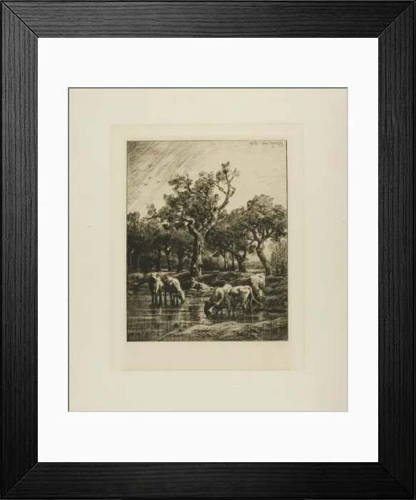 Framed Print : Cows at a Watering Place, 1878. Creator: Charles Emile Jacque Framed Print : Cows at a Watering Place, 1878. Creator: Charles Emile Jacque