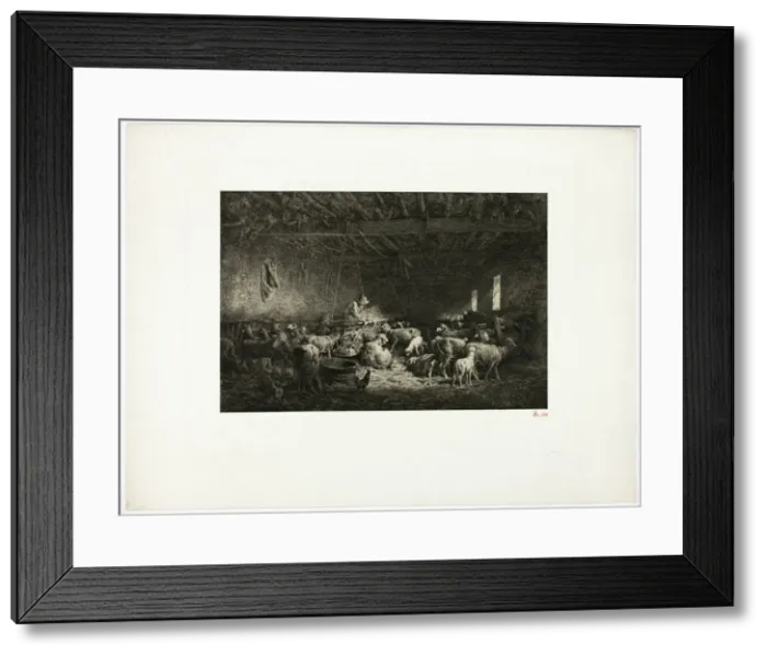 Framed Print : The Large Sheepcot (horizontal plate), 1859. Creator: Charles Emile Jacque