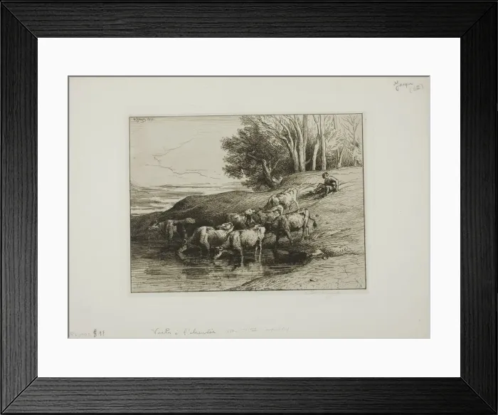 Framed Print : Cows at the Watering Place, 1850. Creator: Charles Emile Jacque Framed Print : Cows at the Watering Place, 1850. Creator: Charles Emile Jacque
