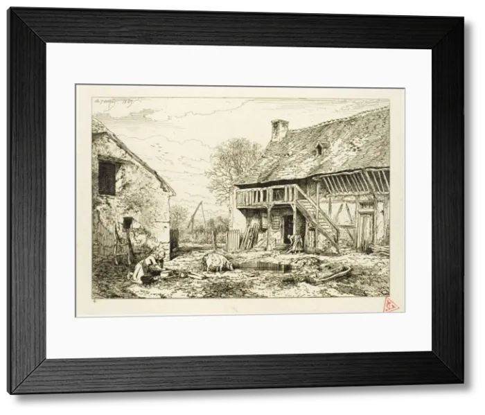 Framed Print : Courtyard of a Peasant Dwelling, 1845. Creator: Charles Emile Jacque Framed Print : Courtyard of a Peasant Dwelling, 1845. Creator: Charles Emile Jacque