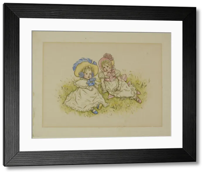 Framed Print : Two Little Girls with Bonnets, 1883. Creator: Catherine Greenaway