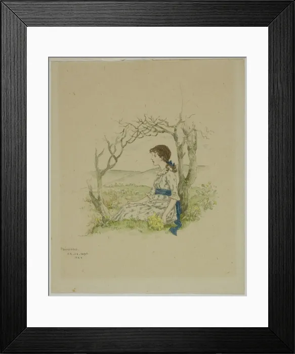 Framed Print : Seated Girl with Primroses, 1886. Creator: Catherine Greenaway Framed Print : Seated Girl with Primroses, 1886. Creator: Catherine Greenaway