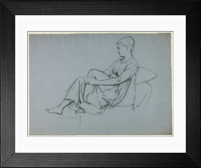 Framed Print : Woman Resting Against Pillows Clasping Her Knee, n. d. Creator: Henry Stacy Marks Framed Print : Woman Resting Against Pillows Clasping Her Knee, n. d. Creator: Henry Stacy Marks