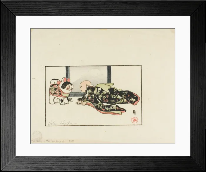 Framed Print : The Puppy-Cat and the Baby, 1904. Creator: Helen Hyde Framed Print : The Puppy-Cat and the Baby, 1904. Creator: Helen Hyde