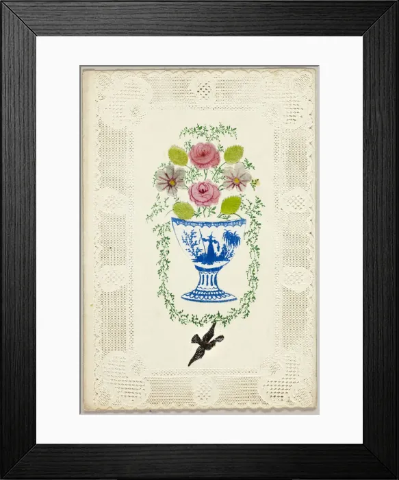 Framed Print : Untitled Valentine (Vase of Flowers with Bird), c. 1840. Creator: George Kershaw Framed Print : Untitled Valentine (Vase of Flowers with Bird), c. 1840. Creator: George Kershaw