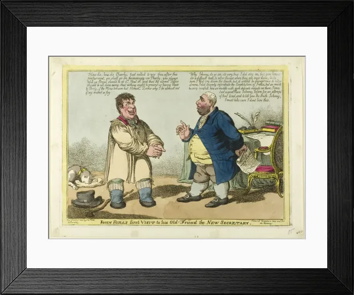 Framed Print : John Bulls First Visit to his Old Friend the New Secretary, published March 3, 1806 Framed Print : John Bulls First Visit to his Old Friend the New Secretary, published March 3, 1806