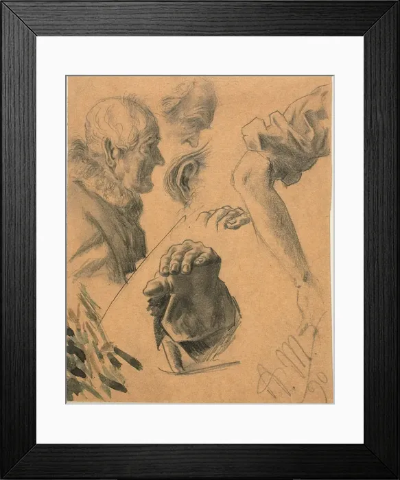 Framed Print : Sketches of Hands, Arms, and Heads, 1890. Creator: Adolph Menzel Framed Print : Sketches of Hands, Arms, and Heads, 1890. Creator: Adolph Menzel
