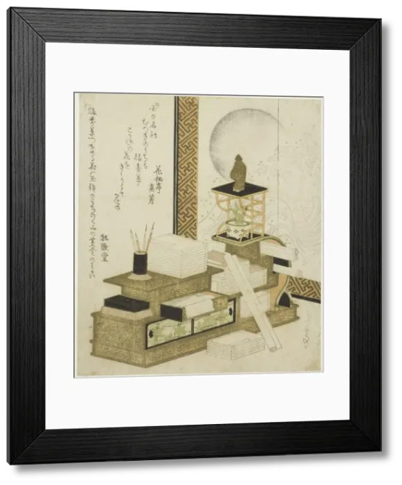 Framed Print : Bookcase with Writing Utensils, Books, and Potted Adonis, c. 1820s / 30s. Creator: Gakutei Framed Print : Bookcase with Writing Utensils, Books, and Potted Adonis, c. 1820s / 30s. Creator: Gakutei