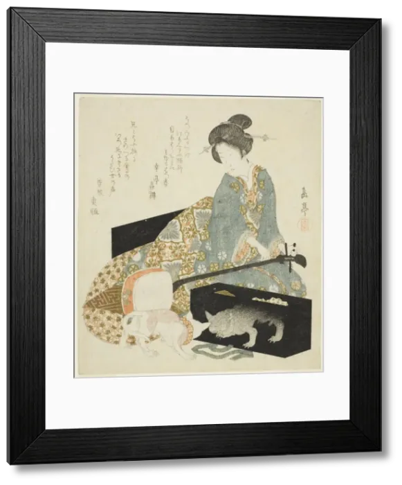 Framed Print : Woman with Shamisen and Cat, c. 1820s. Creator: Gakutei Framed Print : Woman with Shamisen and Cat, c. 1820s. Creator: Gakutei