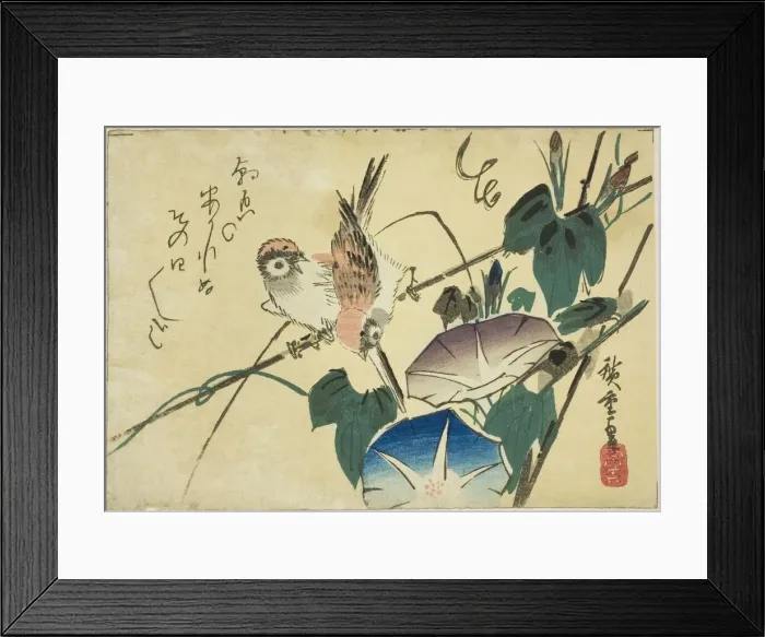 Framed Print : Sparrows and morning glories, 1830s. Creator: Ando Hiroshige Framed Print : Sparrows and morning glories, 1830s. Creator: Ando Hiroshige