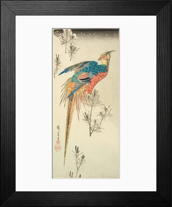 Framed Print : A Golden Pheasant Perched on a Steep Snowy Hillside amid Small Pine Saplings, c. 1833. Creator: Ando Hiroshige Framed Print : A Golden Pheasant Perched on a Steep Snowy Hillside amid Small Pine Saplings, c. 1833. Creator: Ando Hiroshige