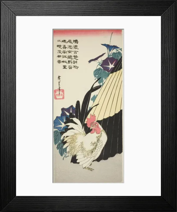 Framed Print : Rooster, umbrella, and morning glories, 1830s. Creator: Ando Hiroshige Framed Print : Rooster, umbrella, and morning glories, 1830s. Creator: Ando Hiroshige