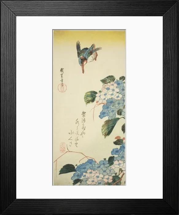 Framed Print : Kingfisher and hydrangea, 1830s. Creator: Ando Hiroshige Framed Print : Kingfisher and hydrangea, 1830s. Creator: Ando Hiroshige
