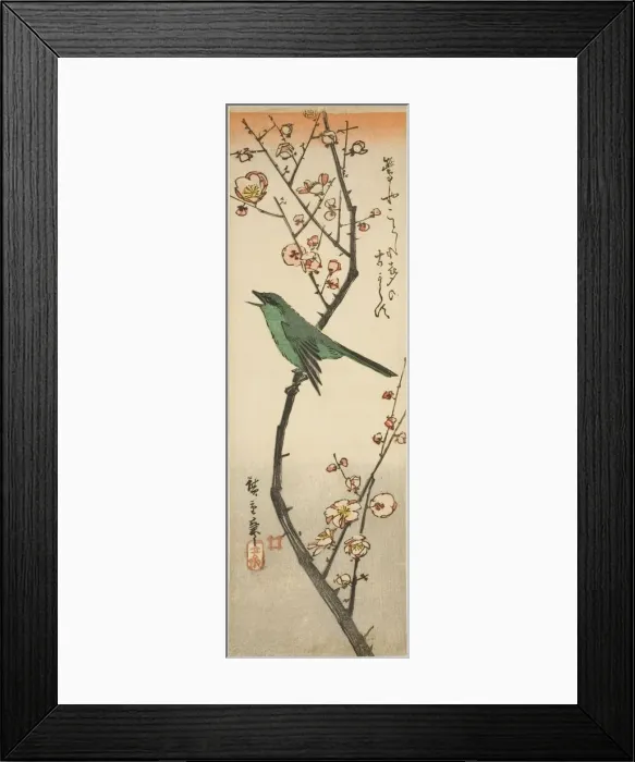 Framed Print : Bush warbler and plum, 1840s. Creator: Ando Hiroshige Framed Print : Bush warbler and plum, 1840s. Creator: Ando Hiroshige