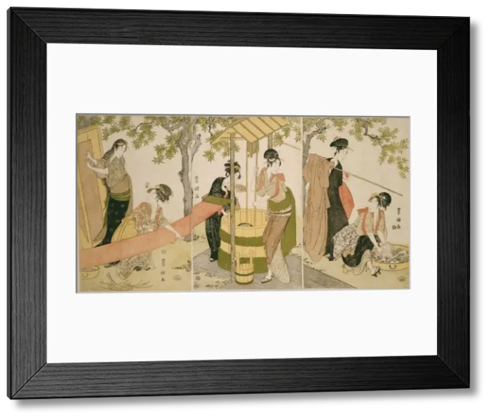 Framed Print : Doing the Laundry by the Well Curb (Idobata no sentaku to araihari), c. 1795 Framed Print : Doing the Laundry by the Well Curb (Idobata no sentaku to araihari), c. 1795