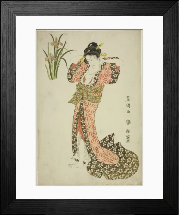 Framed Print : Irises: beauty arranging hair, from an untitled series of beauties and flowers, 1812 Framed Print : Irises: beauty arranging hair, from an untitled series of beauties and flowers, 1812