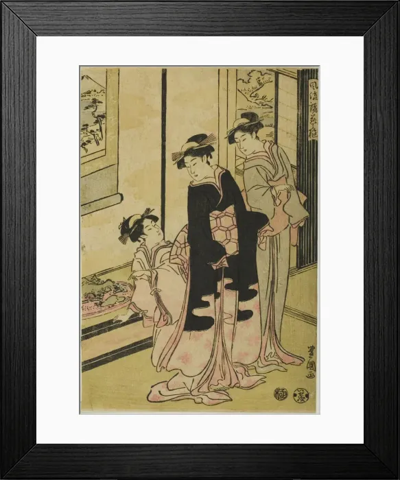 Framed Print : Women viewing miniature landscape, from the series Furyu moro hanami uwari, n Framed Print : Women viewing miniature landscape, from the series Furyu moro hanami uwari, n