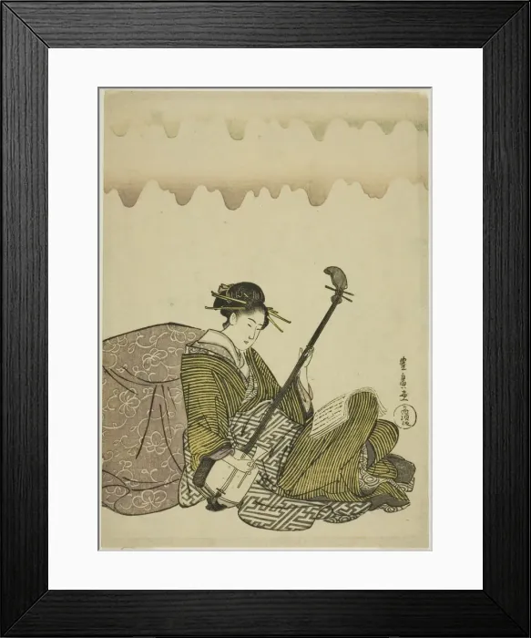 Framed Print : Woman playing shamisen, from an untitled series of women at leisure, c. 1795 / 1800 Framed Print : Woman playing shamisen, from an untitled series of women at leisure, c. 1795 / 1800