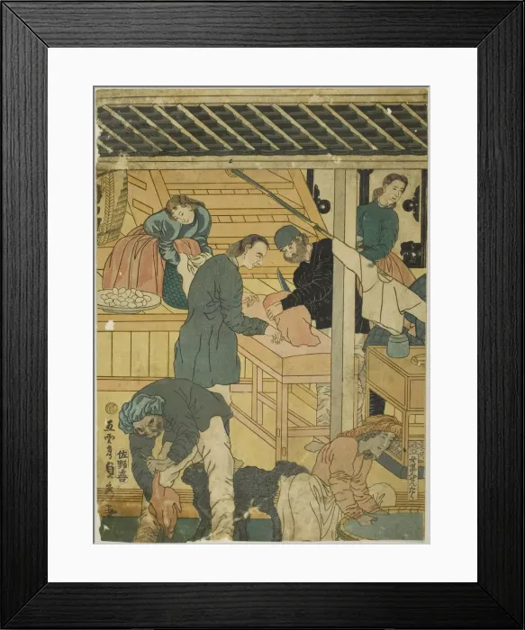 Framed Print : Sales Room at a Foreign Merchant Shop in Yokohama (Yokohama ijin shokan uriba no zu)