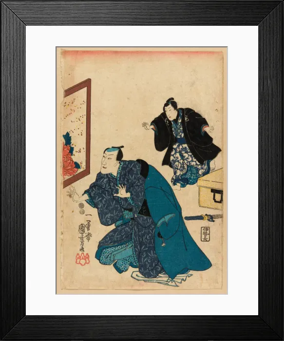 Framed Print : Ichikawa Danjuro VII before a screen decorated with peonies, c. 1847 / 52. Creator: Utagawa Kuniyoshi Framed Print : Ichikawa Danjuro VII before a screen decorated with peonies, c. 1847 / 52. Creator: Utagawa Kuniyoshi