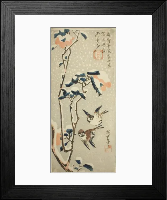 Framed Print : Sparrows and Camellia in Snow, c. 1831 / 33. Creator: Ando Hiroshige Framed Print : Sparrows and Camellia in Snow, c. 1831 / 33. Creator: Ando Hiroshige