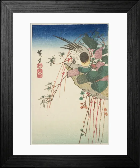 Framed Print : Sparrow on a hanging planter, n. d. Creator: Ando Hiroshige Framed Print : Sparrow on a hanging planter, n. d. Creator: Ando Hiroshige