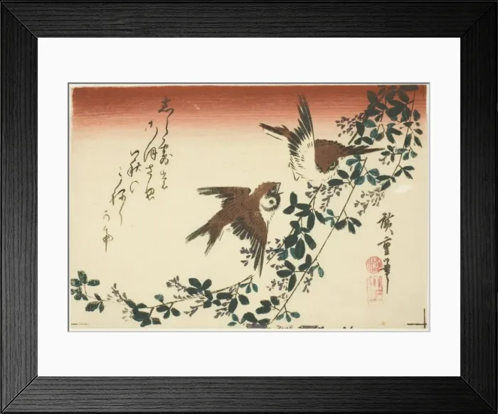 Framed Print : Sparrows and bush clover, 1830s. Creator: Ando Hiroshige Framed Print : Sparrows and bush clover, 1830s. Creator: Ando Hiroshige