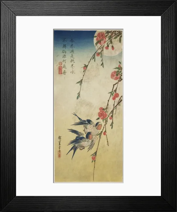 Framed Print : Swallows, peach blossoms, and full moon, 1830s. Creator: Ando Hiroshige Framed Print : Swallows, peach blossoms, and full moon, 1830s. Creator: Ando Hiroshige
