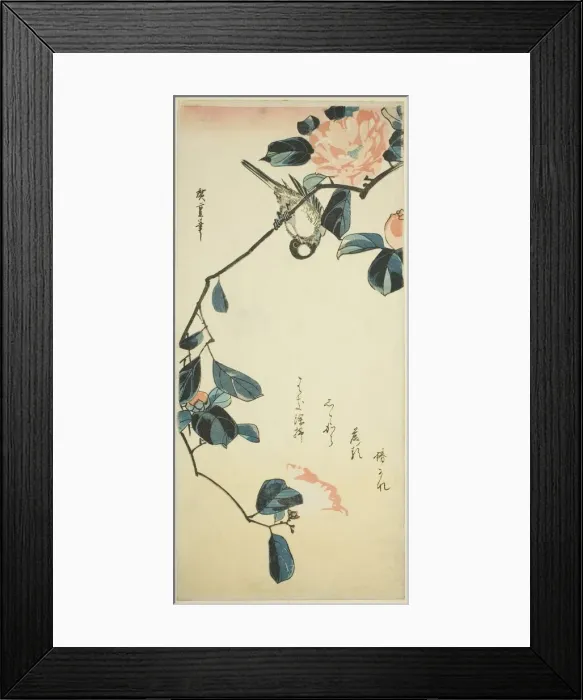 Framed Print : Bullfinch on camellia branch, early 1830s. Creator: Ando Hiroshige