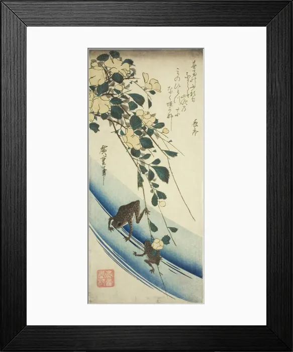 Framed Print : Frogs and yellow rose, 1830s. Creator: Ando Hiroshige Framed Print : Frogs and yellow rose, 1830s. Creator: Ando Hiroshige