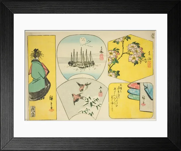 Framed Print : Plum branch, Susaki, courtesan, sparrows, and clothes behind screen, 1858. Creator: Ando Hiroshige Framed Print : Plum branch, Susaki, courtesan, sparrows, and clothes behind screen, 1858. Creator: Ando Hiroshige