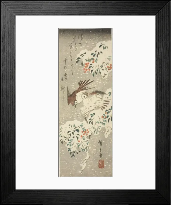 Framed Print : Sparrows Flitting about Snow-covered Nandina as More Snow Falls, c. 1840. Creator: Ando Hiroshige Framed Print : Sparrows Flitting about Snow-covered Nandina as More Snow Falls, c. 1840. Creator: Ando Hiroshige