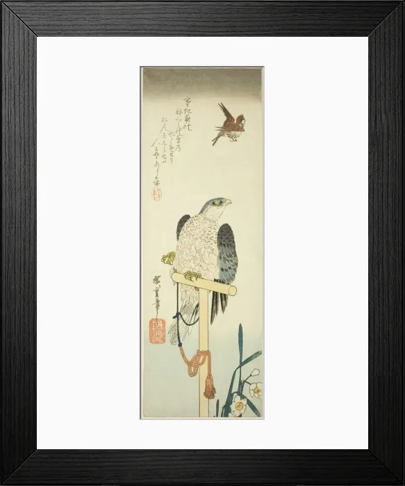 Framed Print : Falcon, sparrow, and narcissus, 1830s. Creator: Ando Hiroshige Framed Print : Falcon, sparrow, and narcissus, 1830s. Creator: Ando Hiroshige