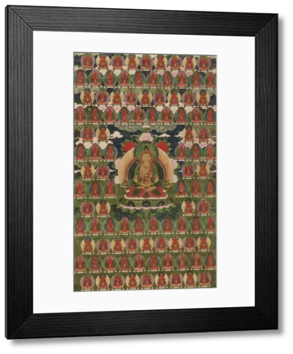 Framed Print : Painted Banner (Thangka) of Amitayus Buddha Surrounded by One Hundred Buddhas