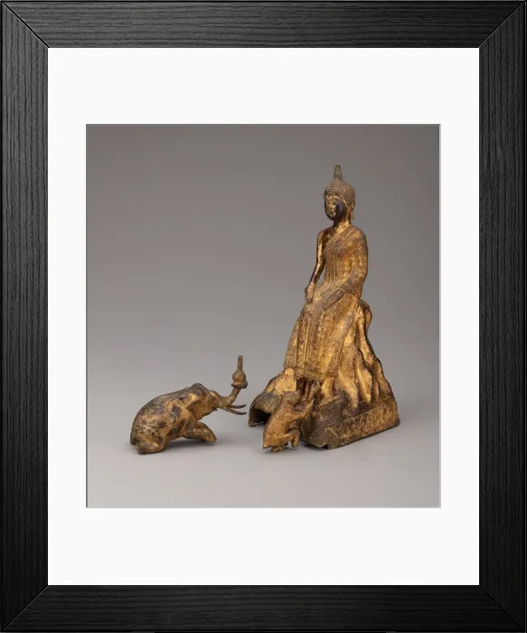 Framed Print : Buddha Meditating in the Forest Attended by Animals, 19th century. Creator: Unknown Framed Print : Buddha Meditating in the Forest Attended by Animals, 19th century. Creator: Unknown