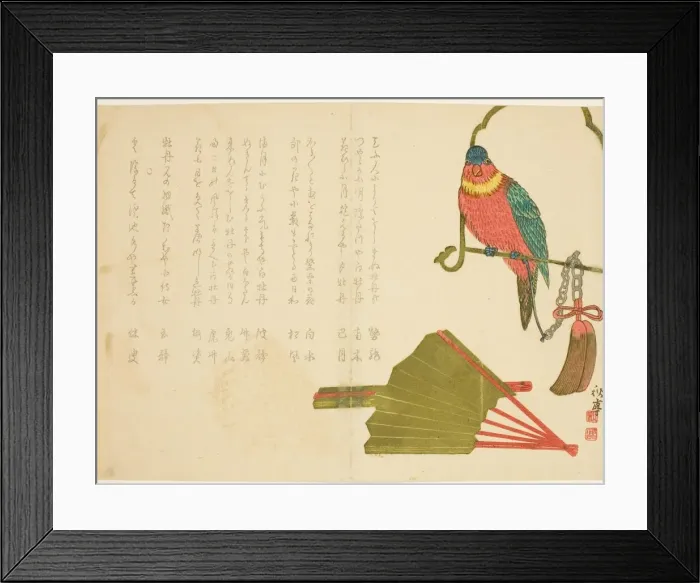 Framed Print : Parrot and Fans, 19th century. Creator: Tanaka Shutei Framed Print : Parrot and Fans, 19th century. Creator: Tanaka Shutei