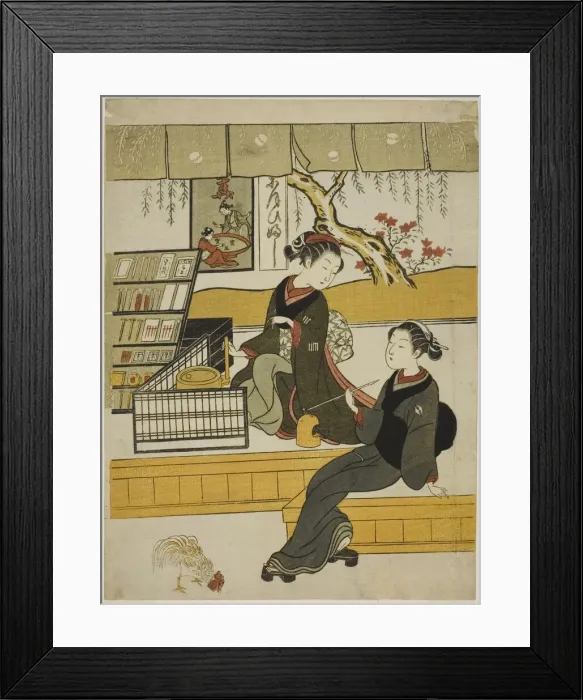 Framed Print : Ofuji, the Shop Girl of the Motoyanagiya, with a Customer, c. 1769 Framed Print : Ofuji, the Shop Girl of the Motoyanagiya, with a Customer, c. 1769