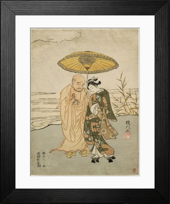 Framed Print : Daruma and a young woman in the rain, 1765. Creator: Suzuki Harunobu Framed Print : Daruma and a young woman in the rain, 1765. Creator: Suzuki Harunobu