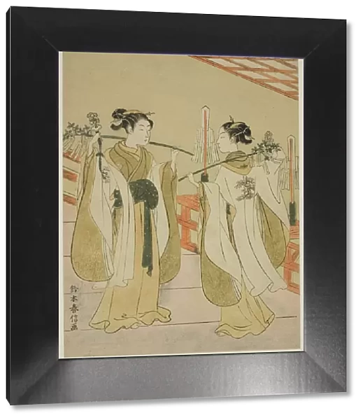 Shrine Maidens Onami and Ohatsu Dancing at Yushima Tenjin Shrine, c. 1769