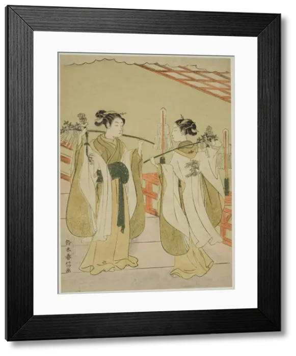 Framed Print : Shrine Maidens Onami and Ohatsu Dancing at Yushima Tenjin Shrine, c. 1769
