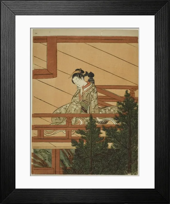 Framed Print : Young Woman Seated on the Balcony of Kiyomizu Temple, c. 1766. Creator: Suzuki Harunobu Framed Print : Young Woman Seated on the Balcony of Kiyomizu Temple, c. 1766. Creator: Suzuki Harunobu