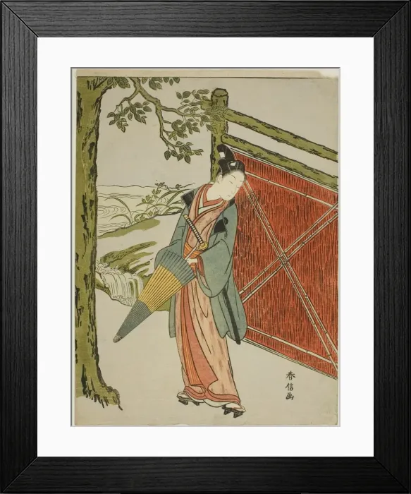Framed Print : Young Man Holding Umbrella Beside a Fence, c. 1767 / 68. Creator: Suzuki Harunobu Framed Print : Young Man Holding Umbrella Beside a Fence, c. 1767 / 68. Creator: Suzuki Harunobu