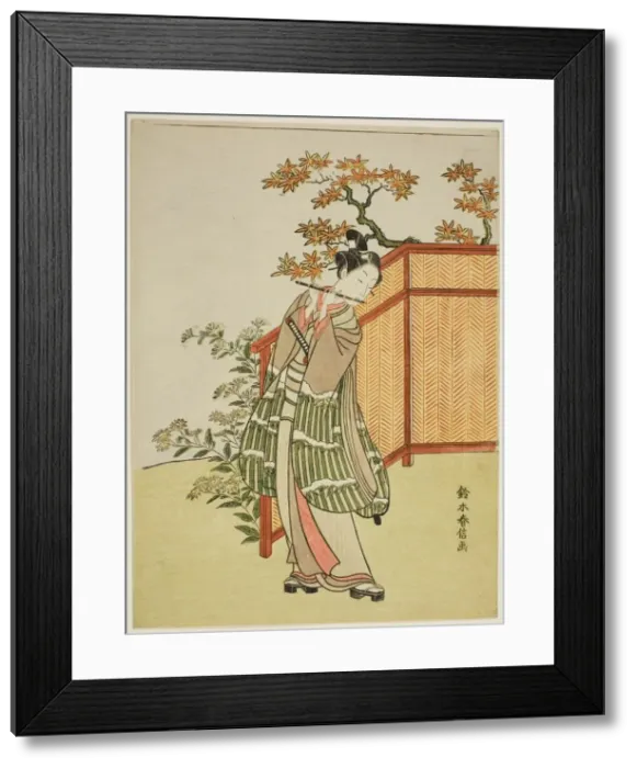 Framed Print : Young Man Playing the Flute Beside a Fence, c. 1767. Creator: Suzuki Harunobu Framed Print : Young Man Playing the Flute Beside a Fence, c. 1767. Creator: Suzuki Harunobu