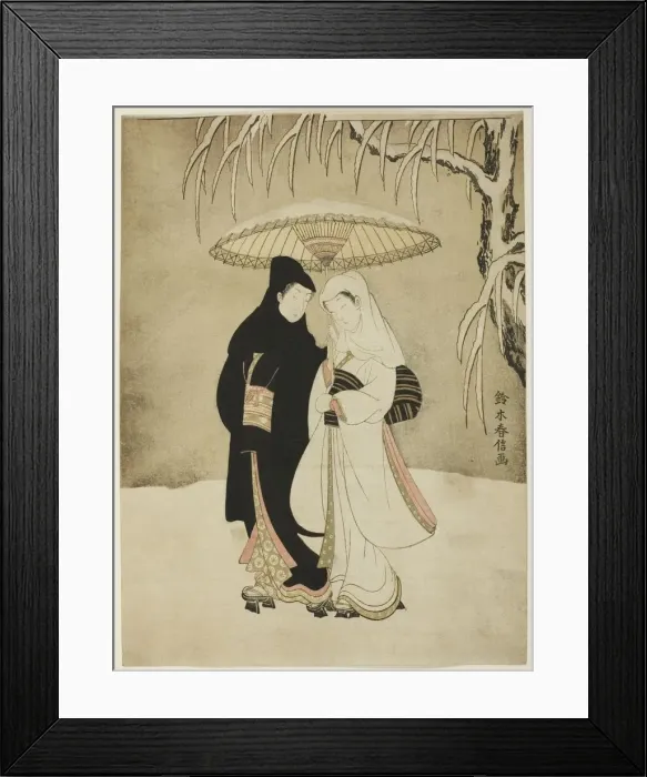Framed Print : Lovers Beneath an Umbrella in the Snow, c. 1767. Creator: Suzuki Harunobu Framed Print : Lovers Beneath an Umbrella in the Snow, c. 1767. Creator: Suzuki Harunobu