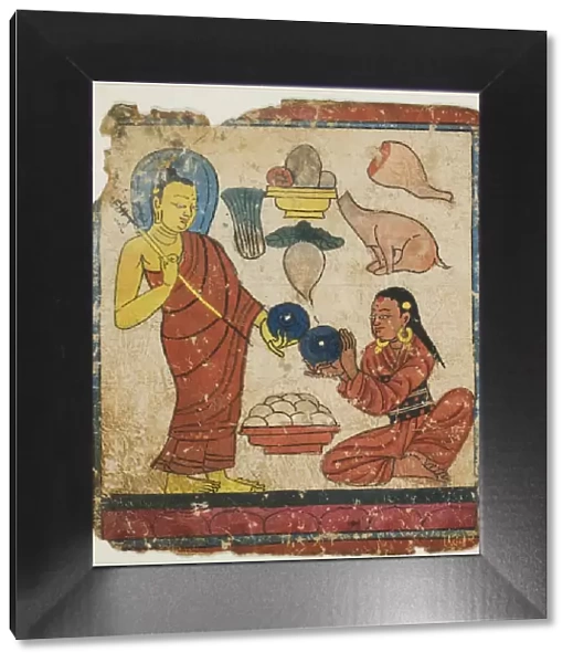Lady Offering Food to a Monk, From a Set of Initiation Cards (Tsakali), 14th  /  15th century