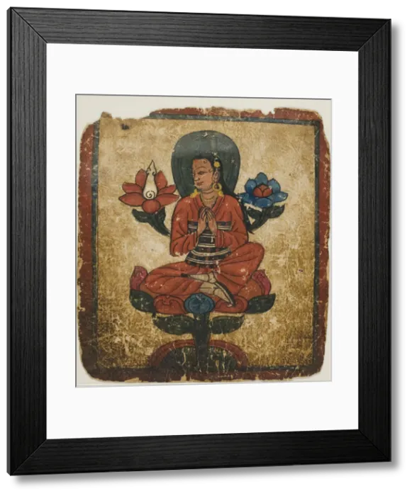 Framed Print : Figure Seated on Lotus, from a Set of Initiation Cards (Tsakali), 14th  /  15th century