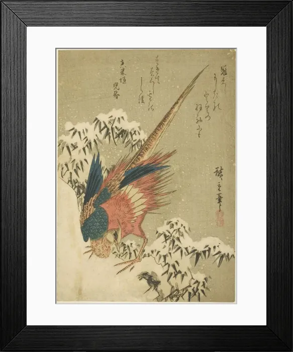 Framed Print : A Golden Pheasant amid Snow-Covered Bamboo on a Steep Hillside, c. 1840. Creator: Ando Hiroshige Framed Print : A Golden Pheasant amid Snow-Covered Bamboo on a Steep Hillside, c. 1840. Creator: Ando Hiroshige